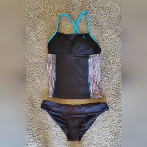 Nike Black White & Blue Tankini 2 Piece Swimsuit Set Size Medium